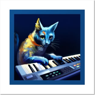 Blue Cat Playing Keyboard in a Synth Wave Band Posters and Art